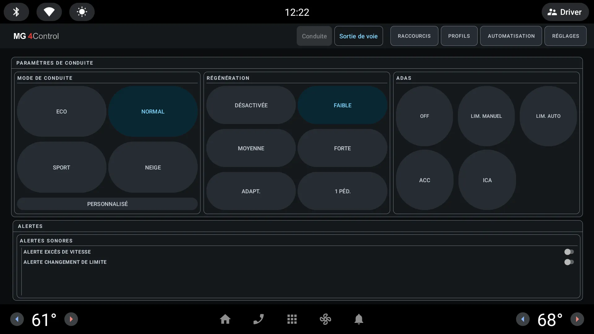 EVProfile driving settings dashboard on the Automotive emulator