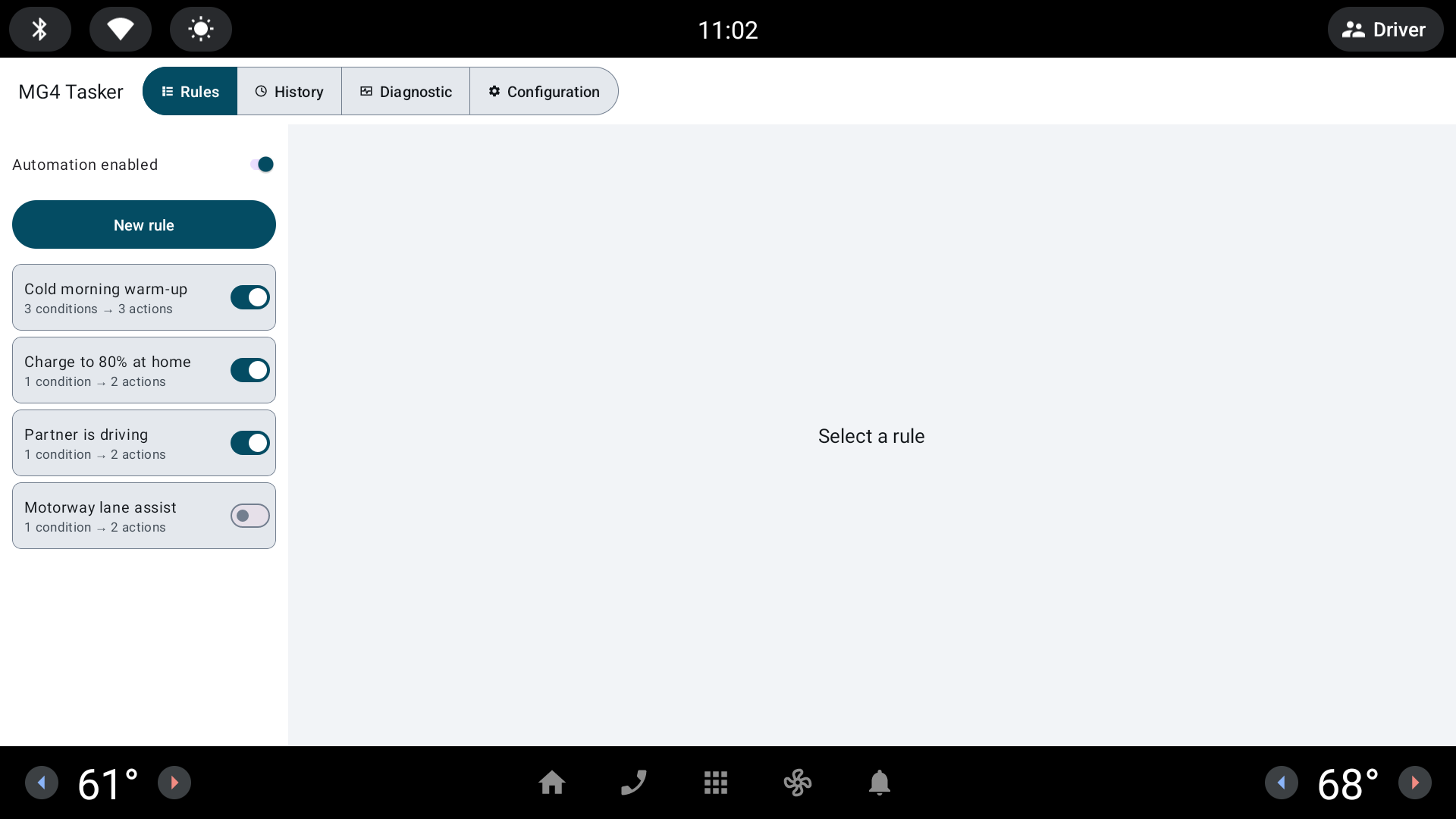 EVTasker rules list on the Automotive emulator